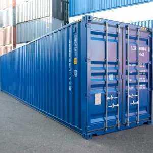 Blue 40ft high cube shipping container with doors at the rear